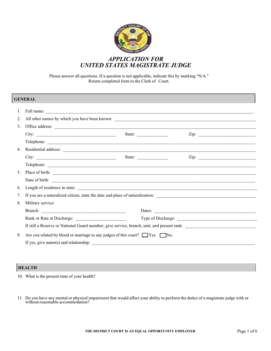 Application for United States Magistrate Judge - Virgin Islands, Page 1