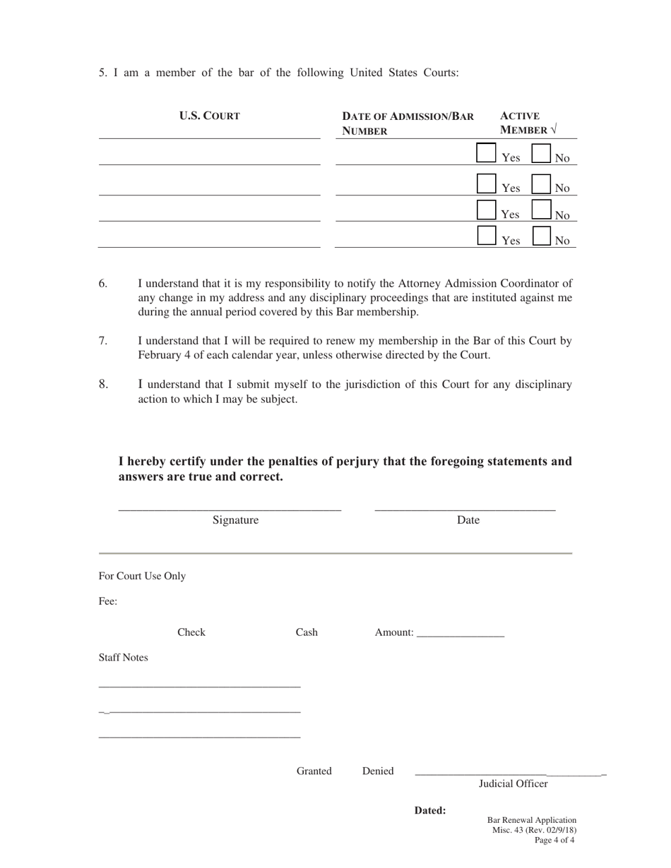 Form MISC43 Application for Renewal of Bar Membership - Virgin Islands, Page 4