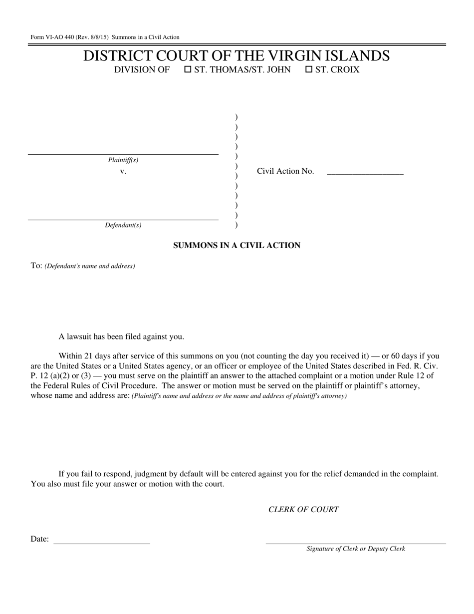 Form VI-AO440 Summons in a Civil Action - Virgin Islands, Page 1