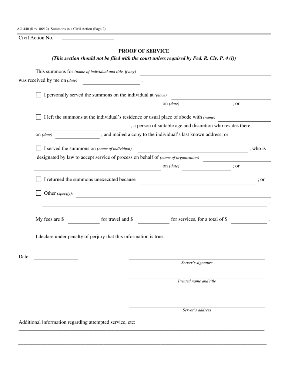 Form VI-AO440 Summons in a Civil Action - Virgin Islands, Page 2