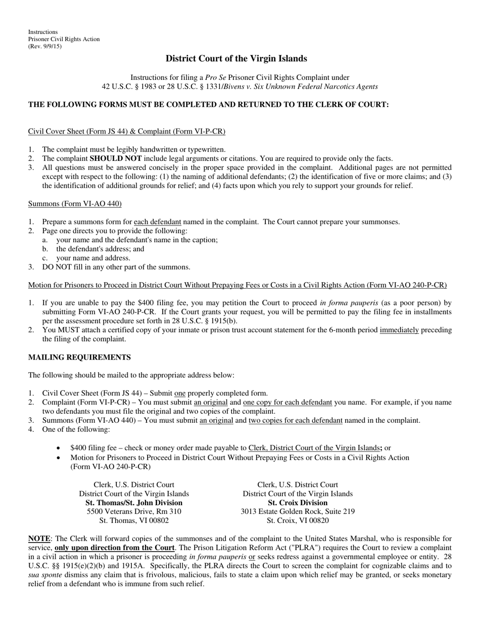 Instructions for Filing a Pro Se Prisoner Civil Rights Complaint - Virgin Islands, Page 1