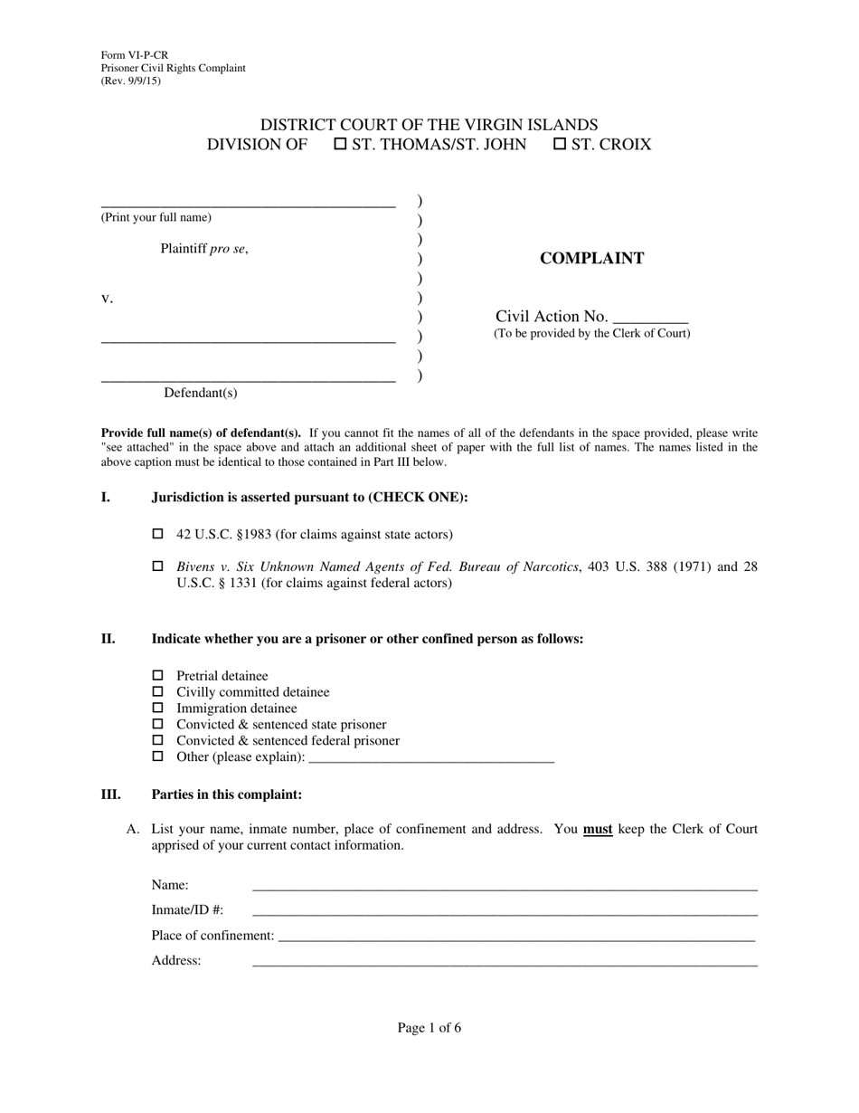 Form VI-P-CR Prisoner Civil Rights Complaint - Virgin Islands, Page 1
