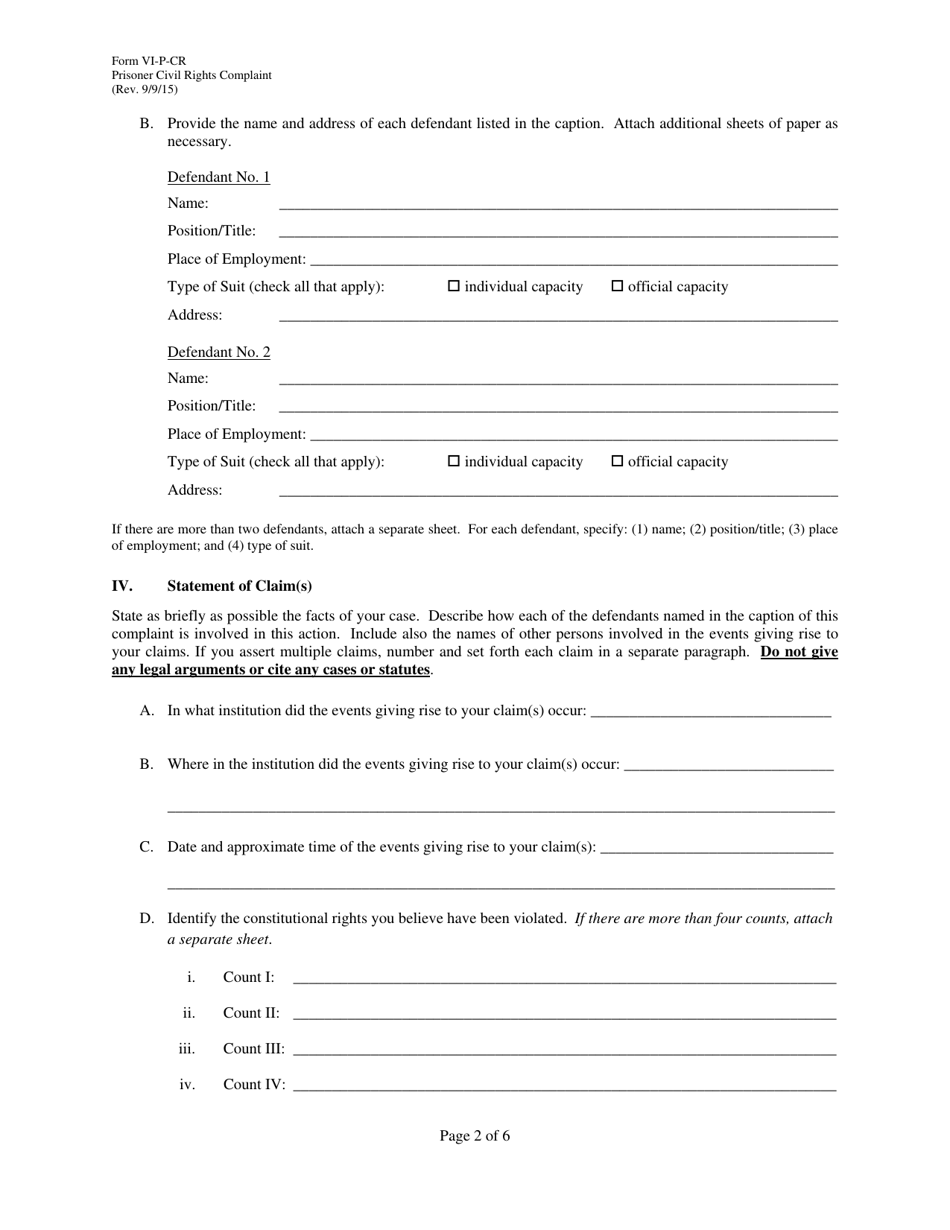 Form VI-P-CR Prisoner Civil Rights Complaint - Virgin Islands, Page 2