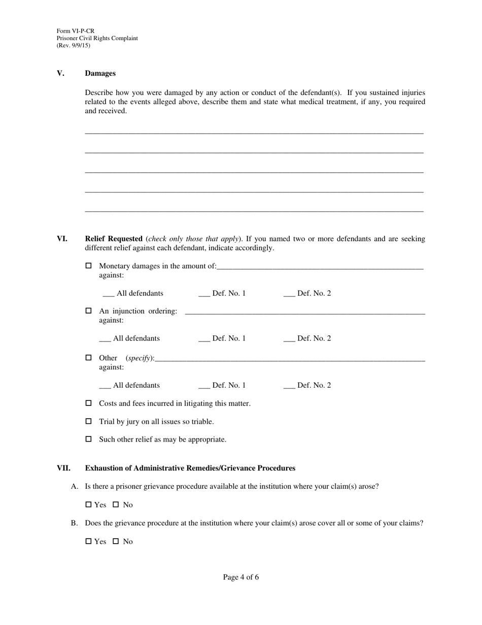 Form VI-P-CR Prisoner Civil Rights Complaint - Virgin Islands, Page 4
