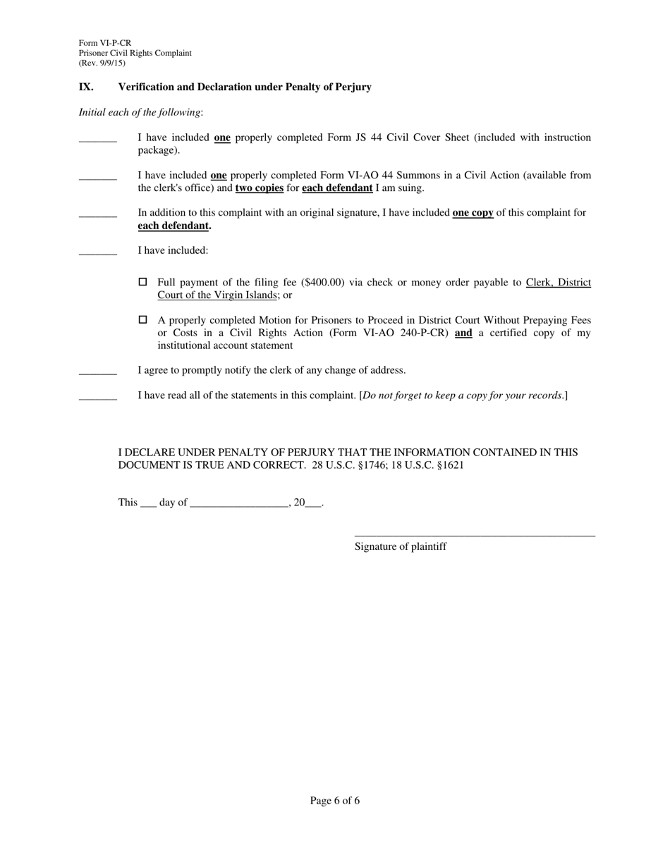 Form VI-P-CR Prisoner Civil Rights Complaint - Virgin Islands, Page 6