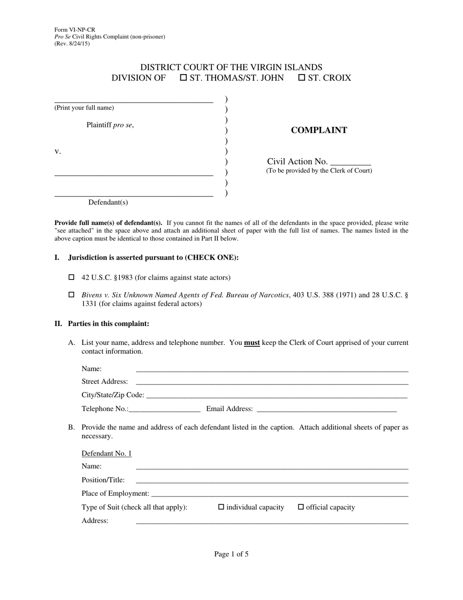 Form VI-NP-CR Pro Se Civil Rights Complaint (Non-prisoner) - Virgin Islands, Page 1