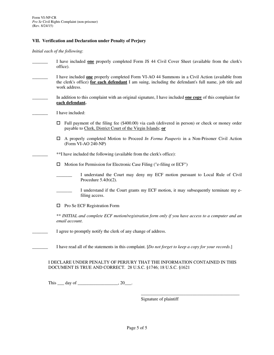 Form VI-NP-CR Pro Se Civil Rights Complaint (Non-prisoner) - Virgin Islands, Page 5