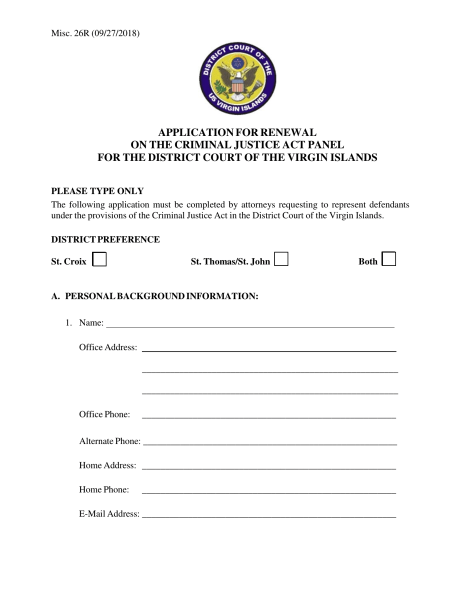 Form Misc.26R Application for Renewal on the Criminal Justice Act Panel for the District Court of the Virgin Islands - Virgin Islands, Page 1