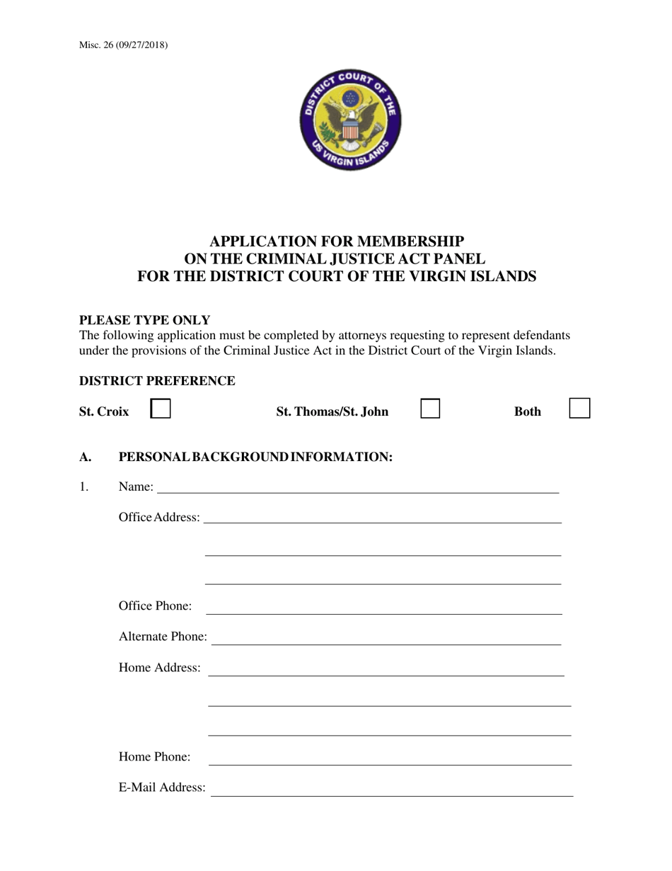 Form Misc.26 Application for Membership on the Criminal Justice Act Panel for the District Court of the Virgin Islands - Virgin Islands, Page 1