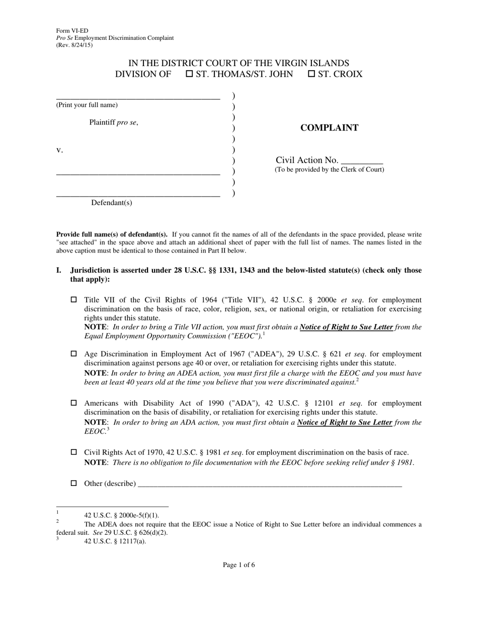 Form VI-ED Pro Se Employment Discrimination Complaint - Virgin Islands, Page 1