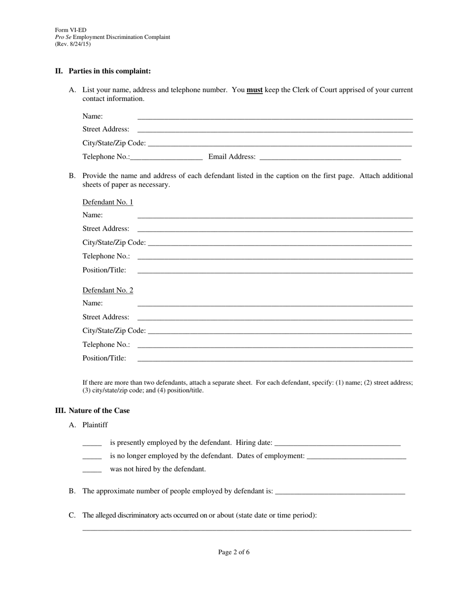 Form VI-ED Pro Se Employment Discrimination Complaint - Virgin Islands, Page 2