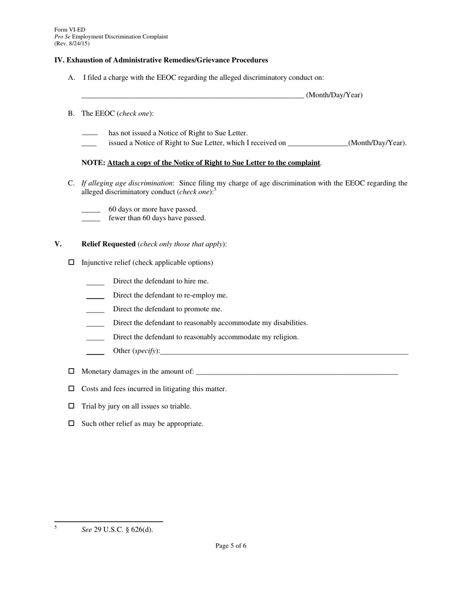 Form VI-ED Pro Se Employment Discrimination Complaint - Virgin Islands, Page 5