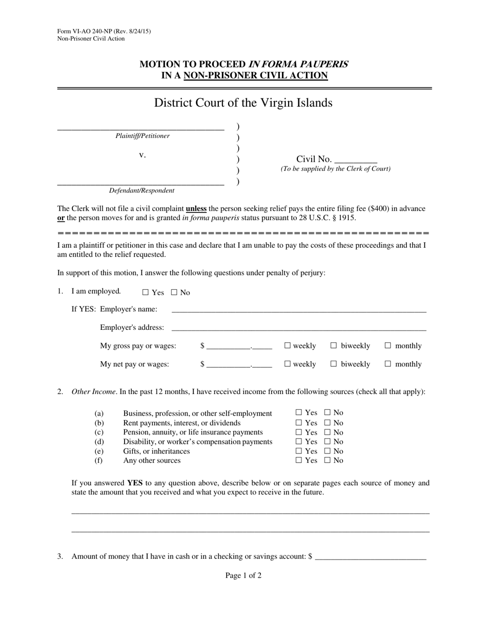 Form VI-AO240-NP Motion to Proceed in Forma Pauperis in a Non-prisoner Civil Action - Virgin Islands, Page 1