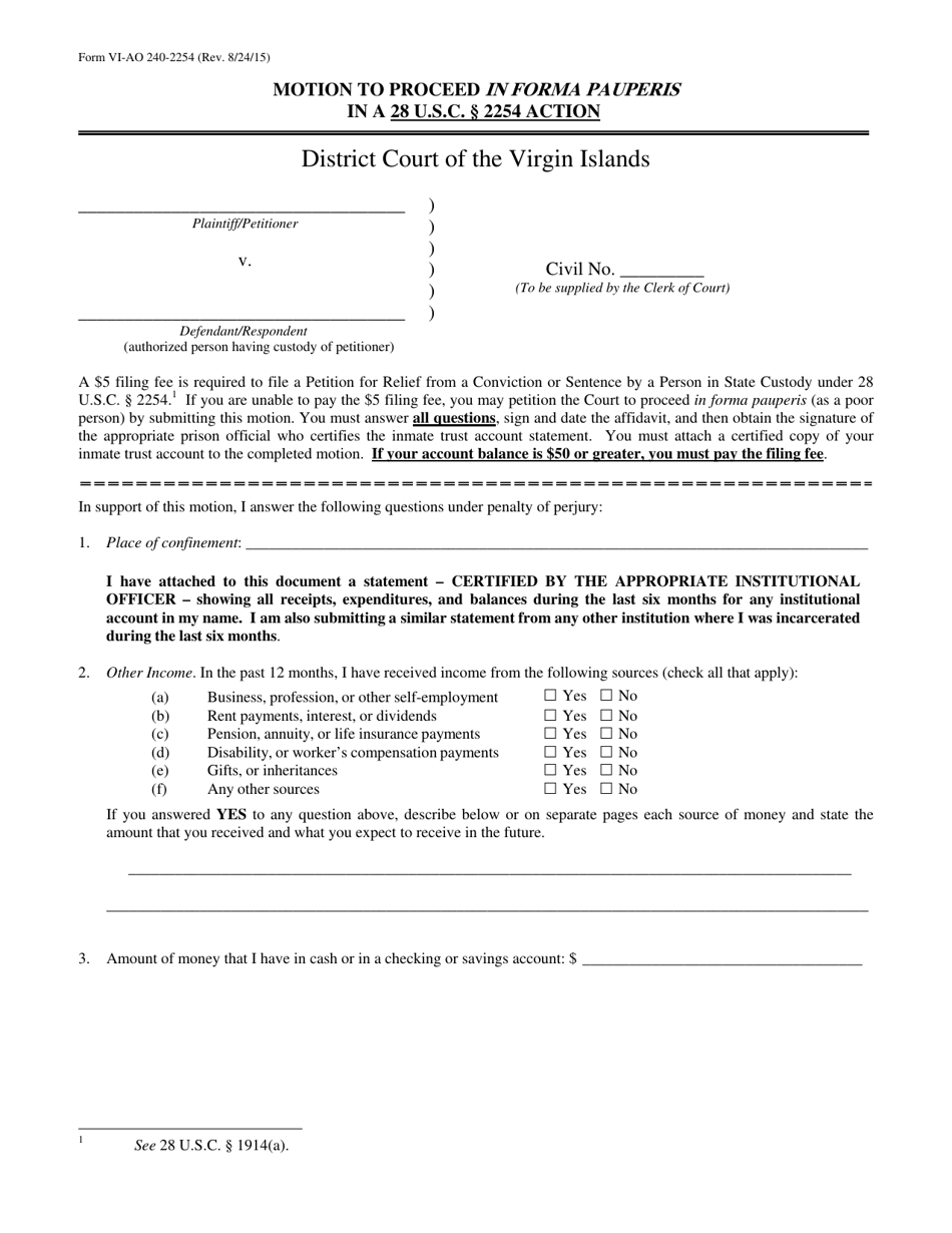 Form VI-AO240-2254 Motion to Proceed in Forma Pauperis in a 28 U.s.c. 2254 Action - Virgin Islands, Page 1