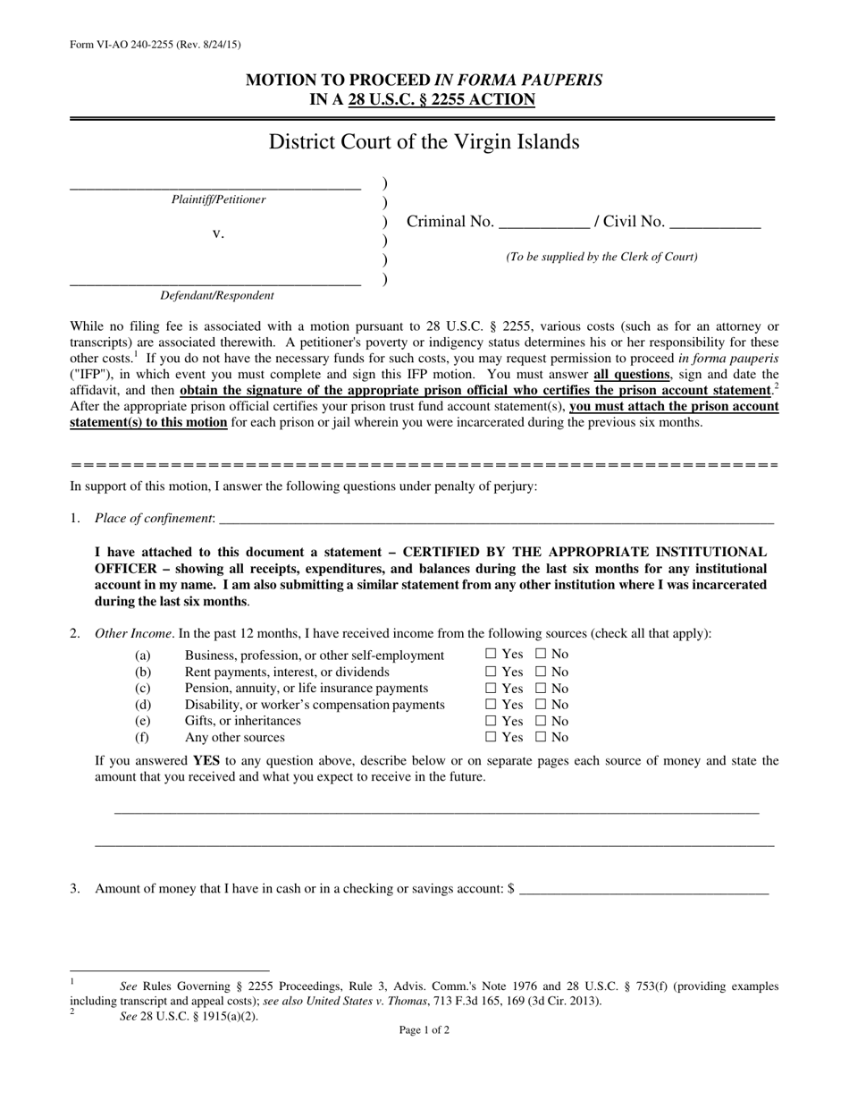 Form VI-AO240-2255 Motion to Proceed in Forma Pauperis in a 28 U.s.c. 2255 Action - Virgin Islands, Page 1