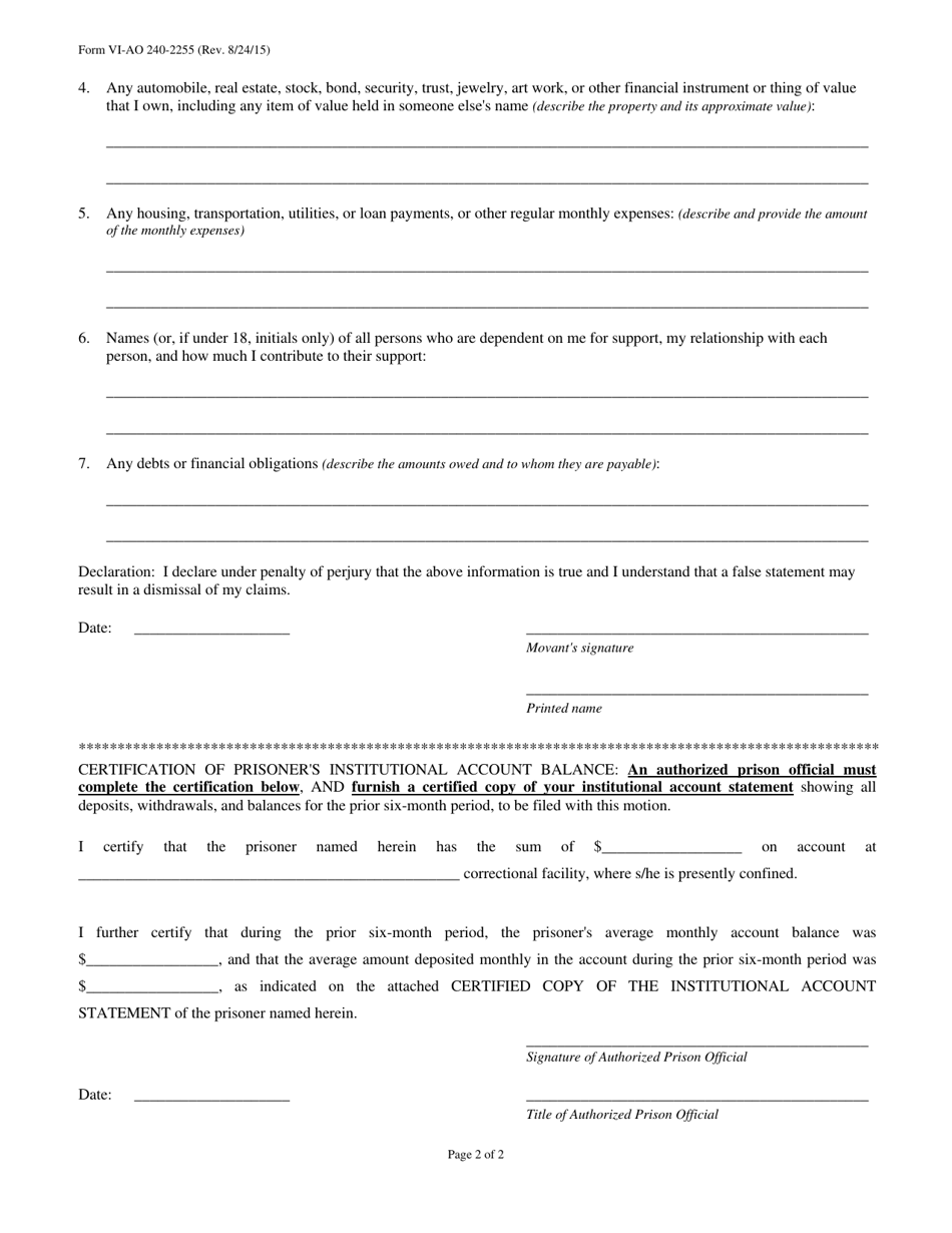 Form VI-AO240-2255 Motion to Proceed in Forma Pauperis in a 28 U.s.c. 2255 Action - Virgin Islands, Page 2
