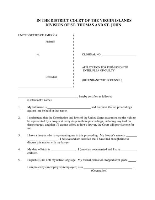 Application for Permission to Enter Plea of Guilty (Defendant With Counsel) - Virgin Islands Download Pdf