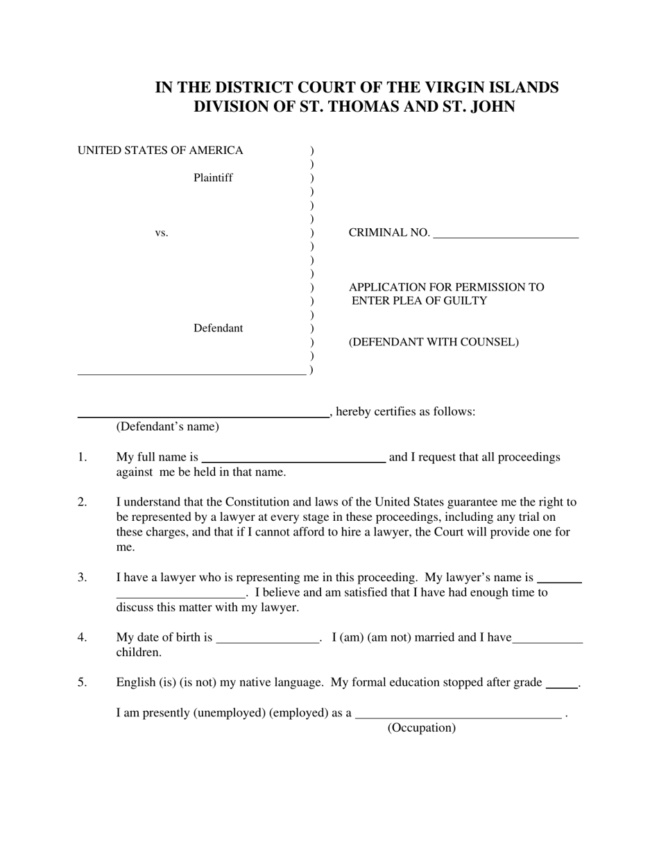 Application for Permission to Enter Plea of Guilty (Defendant With Counsel) - Virgin Islands, Page 1
