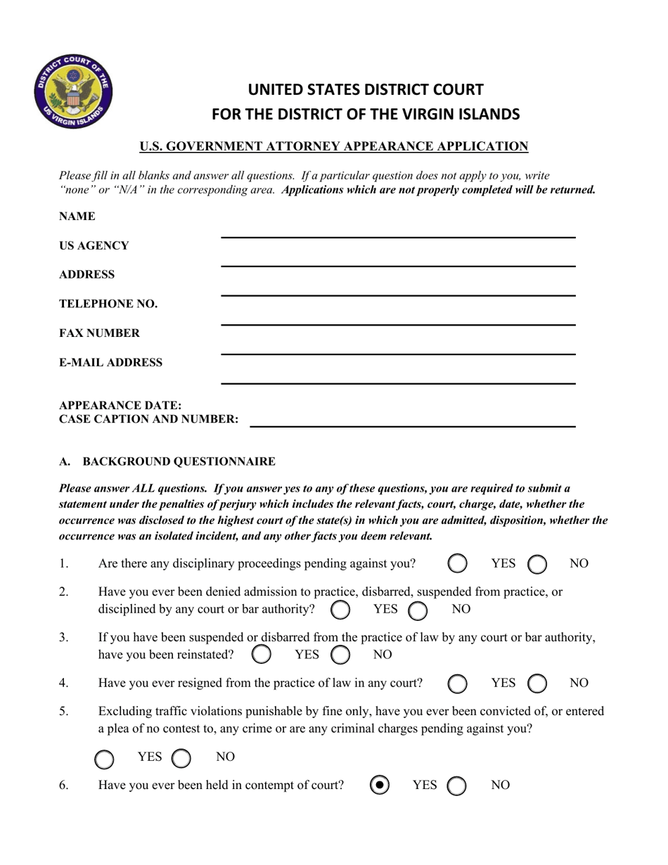 U.S. Government Attorney Appearance Application - Virgin Islands, Page 1