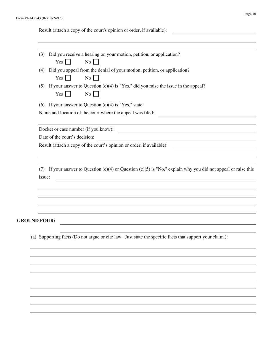 Form VI-AO243 Motion to Vacate, Set Aside, or Correct a Sentence by a Person in Federal Custody - Virgin Islands, Page 10