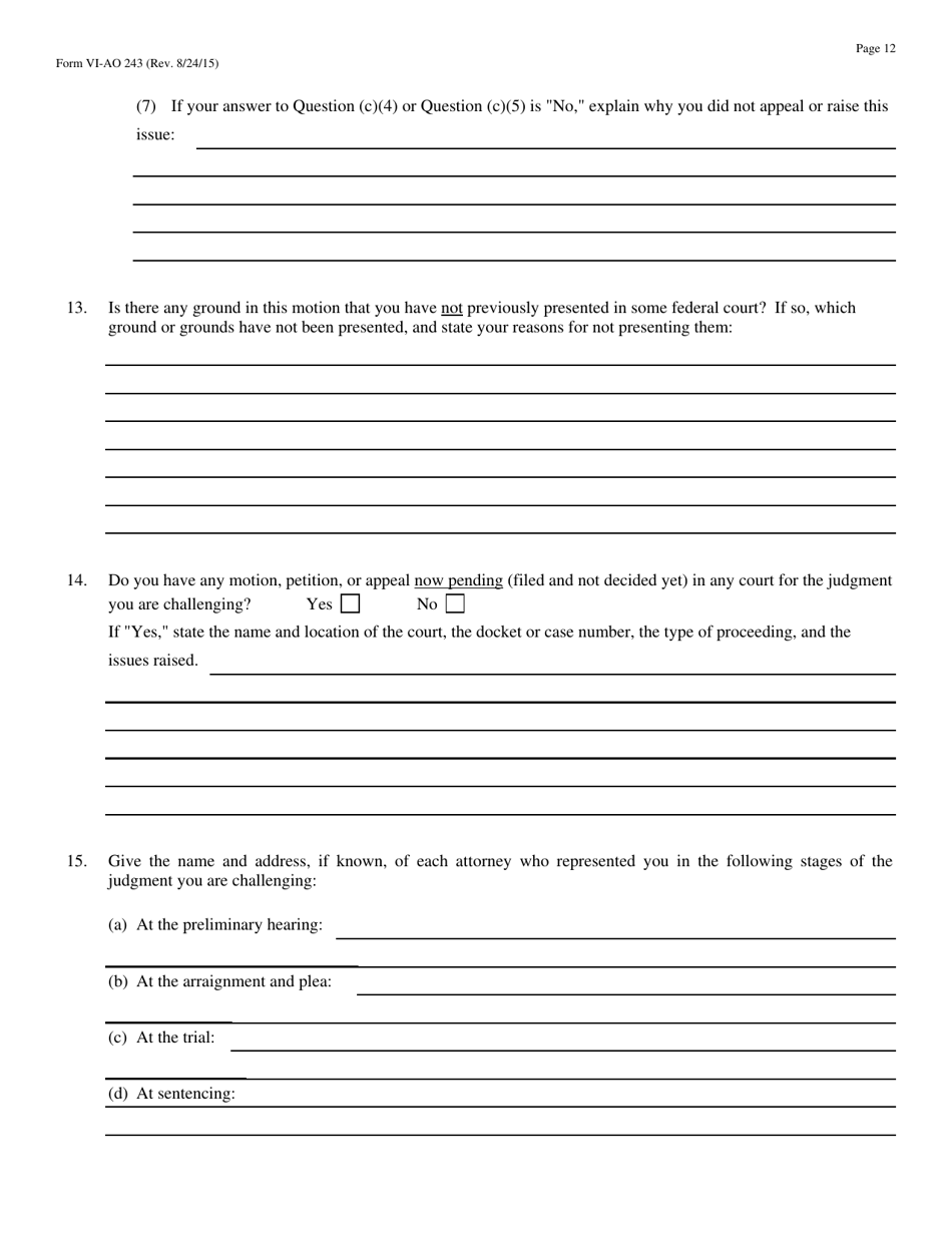 Form VI-AO243 Motion to Vacate, Set Aside, or Correct a Sentence by a Person in Federal Custody - Virgin Islands, Page 12