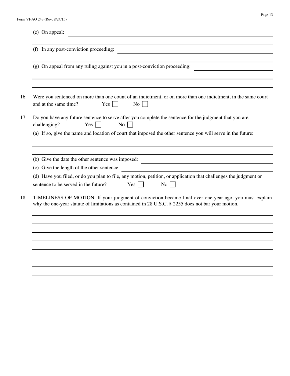 Form VI-AO243 Motion to Vacate, Set Aside, or Correct a Sentence by a Person in Federal Custody - Virgin Islands, Page 13