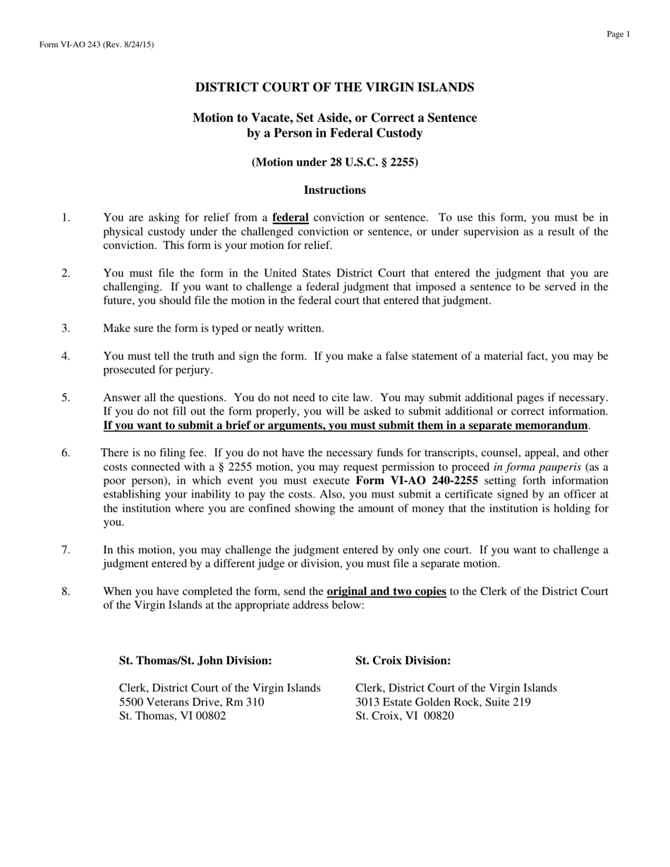 Form VI-AO243 Motion to Vacate, Set Aside, or Correct a Sentence by a Person in Federal Custody - Virgin Islands, Page 1