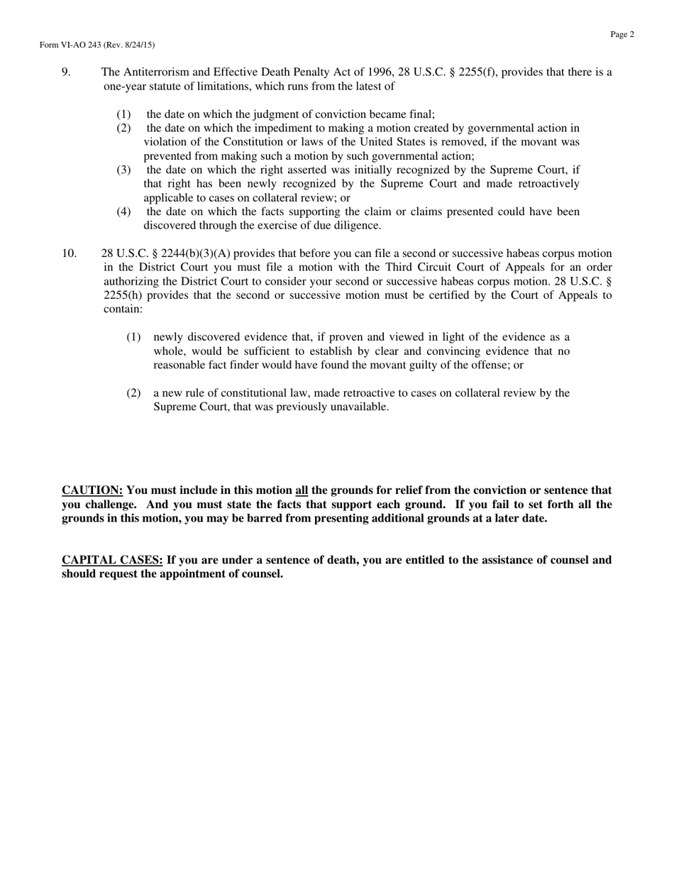 Form VI-AO243 Motion to Vacate, Set Aside, or Correct a Sentence by a Person in Federal Custody - Virgin Islands, Page 2