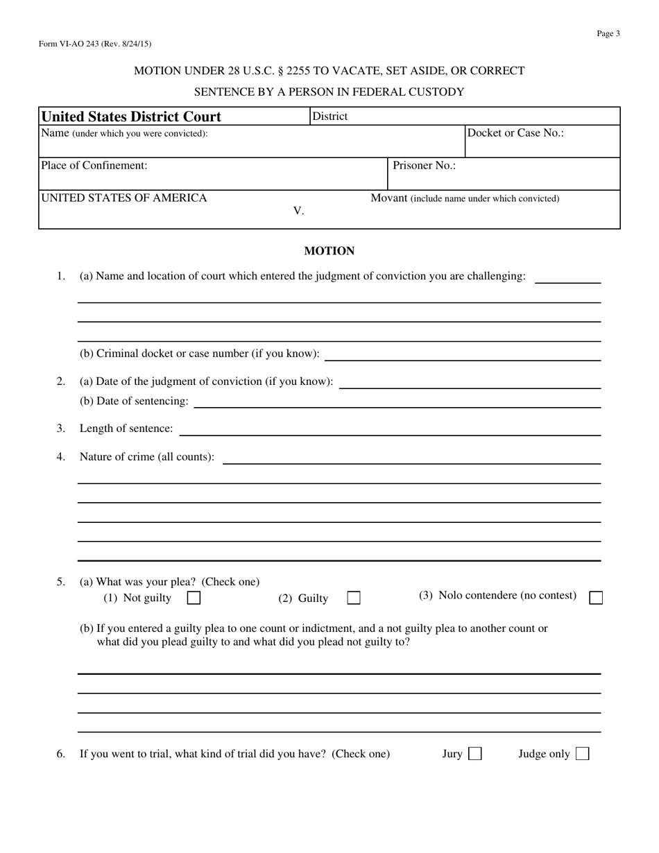 Form VI-AO243 Motion to Vacate, Set Aside, or Correct a Sentence by a Person in Federal Custody - Virgin Islands, Page 3