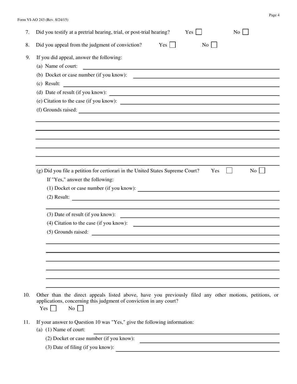 Form VI-AO243 Motion to Vacate, Set Aside, or Correct a Sentence by a Person in Federal Custody - Virgin Islands, Page 4
