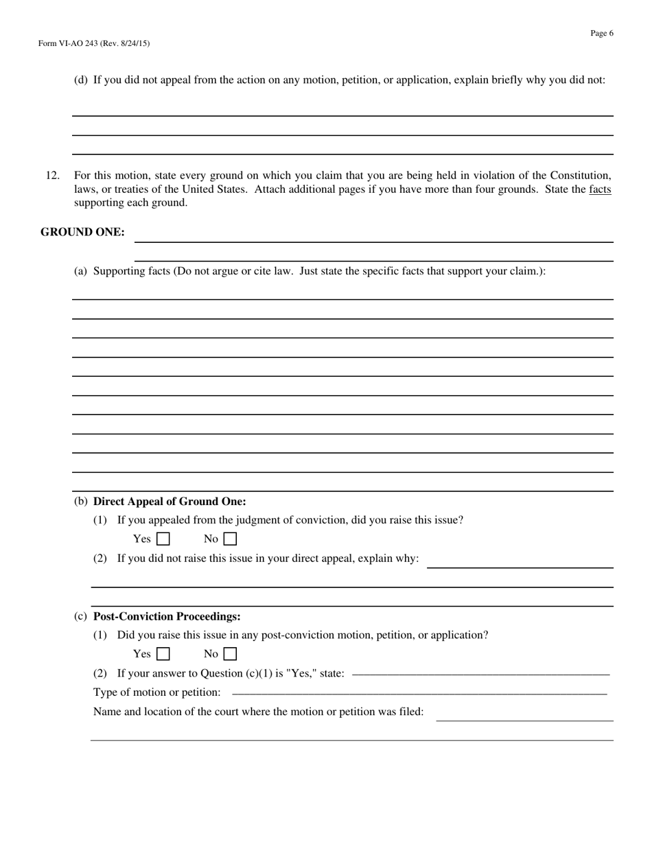 Form VI-AO243 Motion to Vacate, Set Aside, or Correct a Sentence by a Person in Federal Custody - Virgin Islands, Page 6