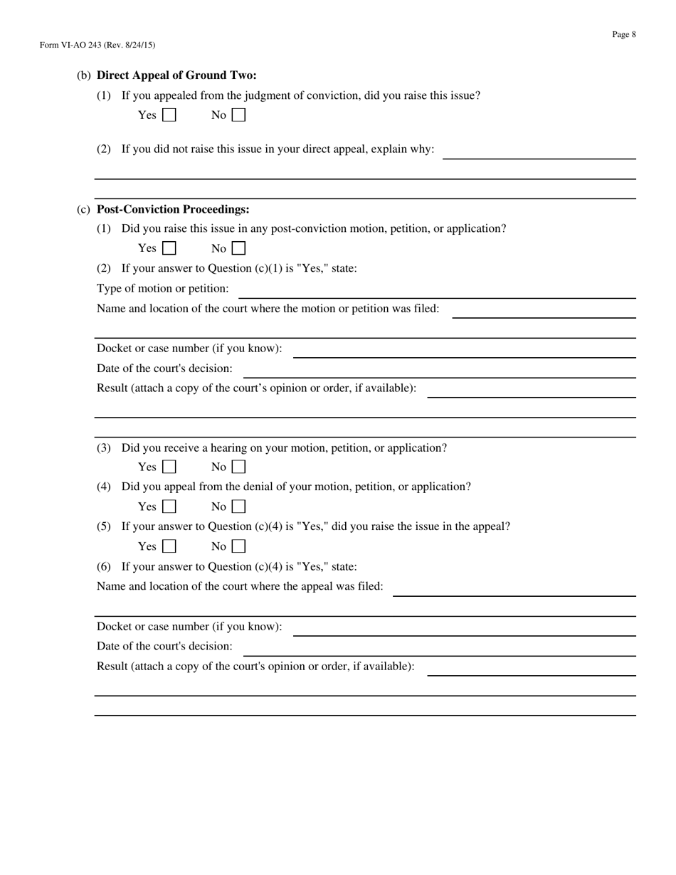 Form VI-AO243 Motion to Vacate, Set Aside, or Correct a Sentence by a Person in Federal Custody - Virgin Islands, Page 8