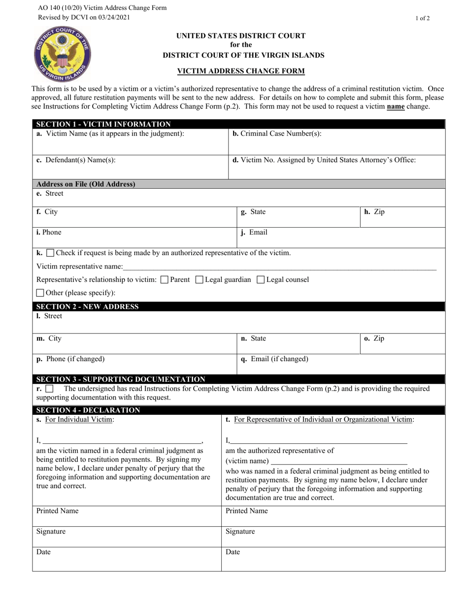 Form AO140 Victim Address Change Form - Virgin Islands, Page 1