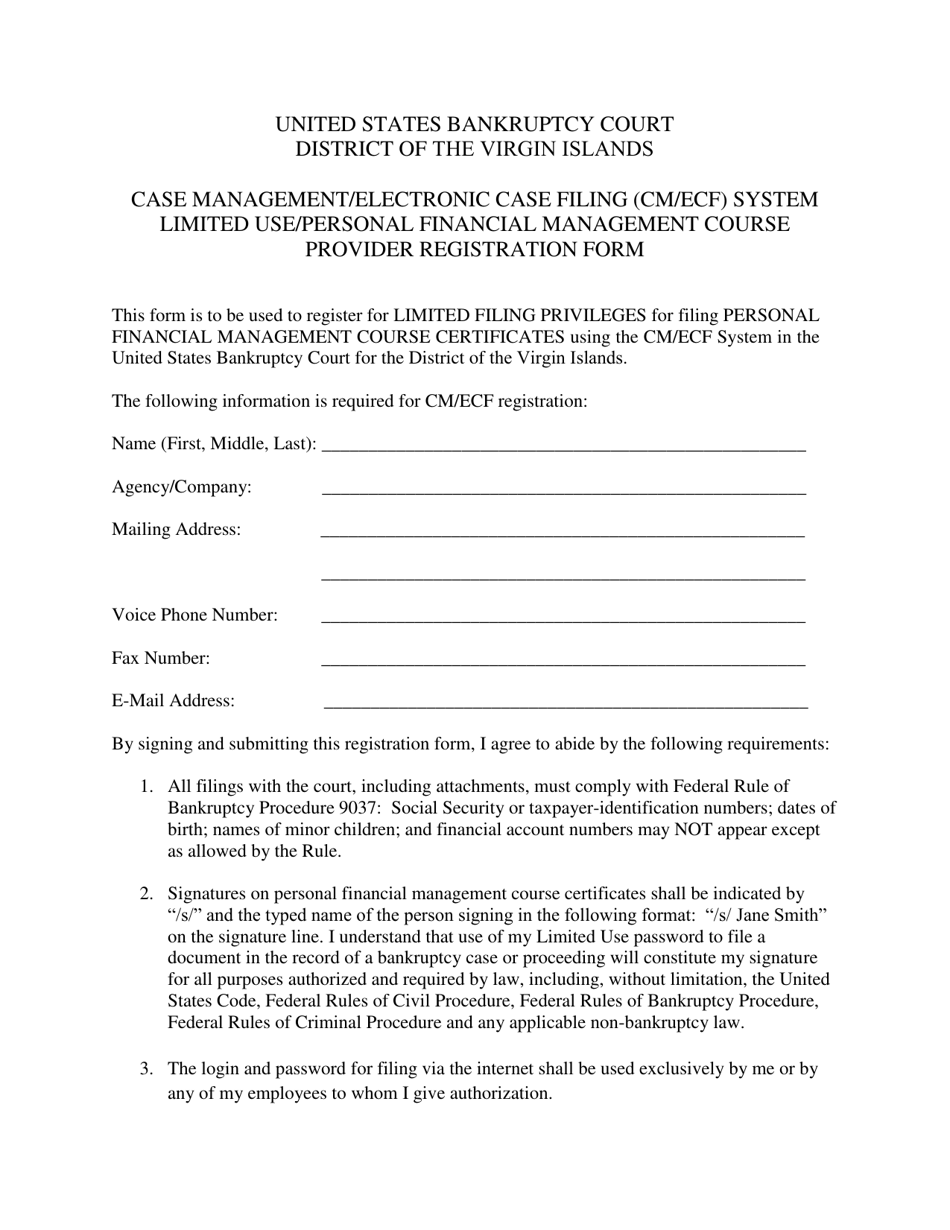 Case Management/Electronic Case Filing (Cm/Ecf) System Limited Use/Personal Financial Management Course Provider Registration Form - Virgin Islands, Page 1