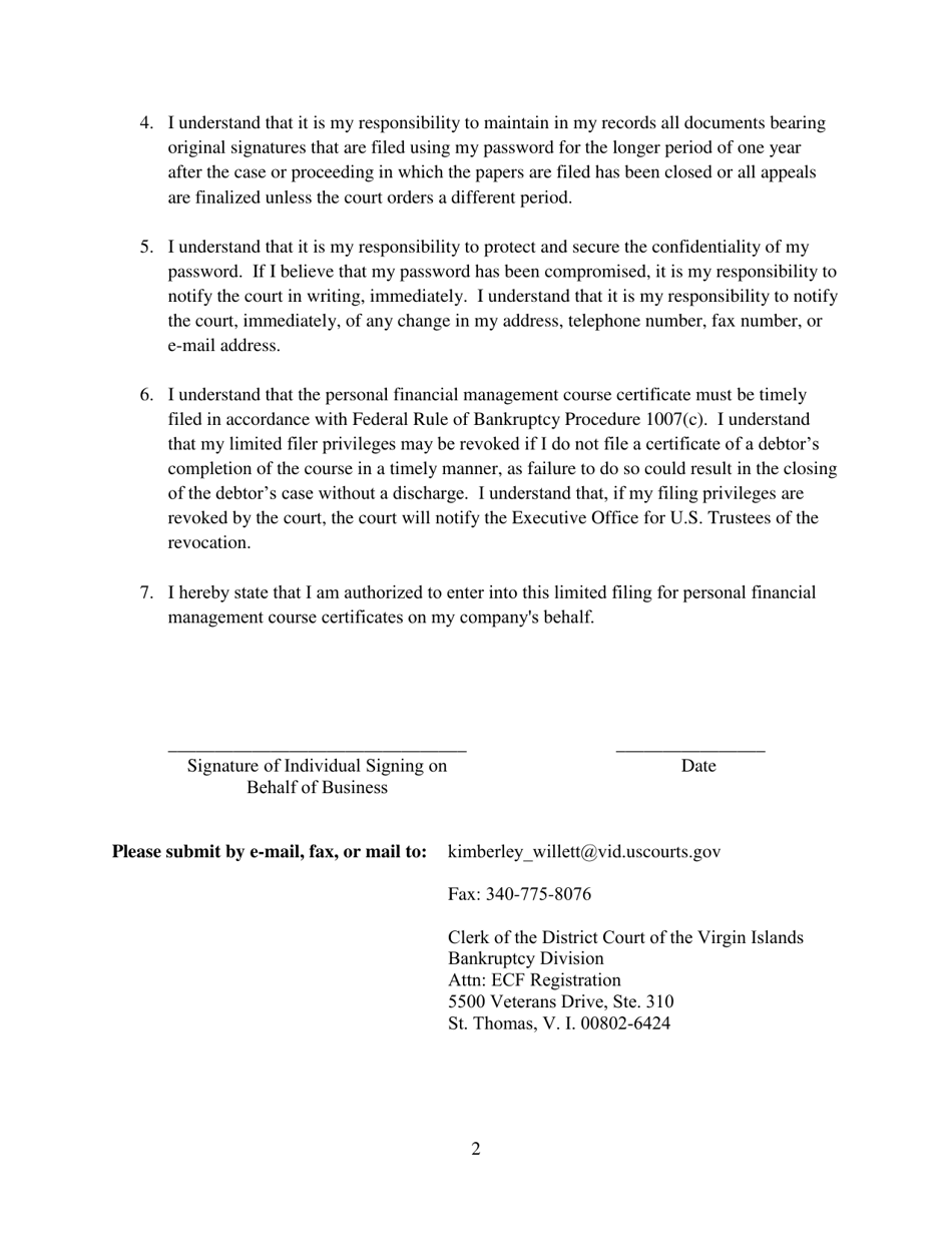 Case Management / Electronic Case Filing (Cm / Ecf) System Limited Use / Personal Financial Management Course Provider Registration Form - Virgin Islands, Page 2