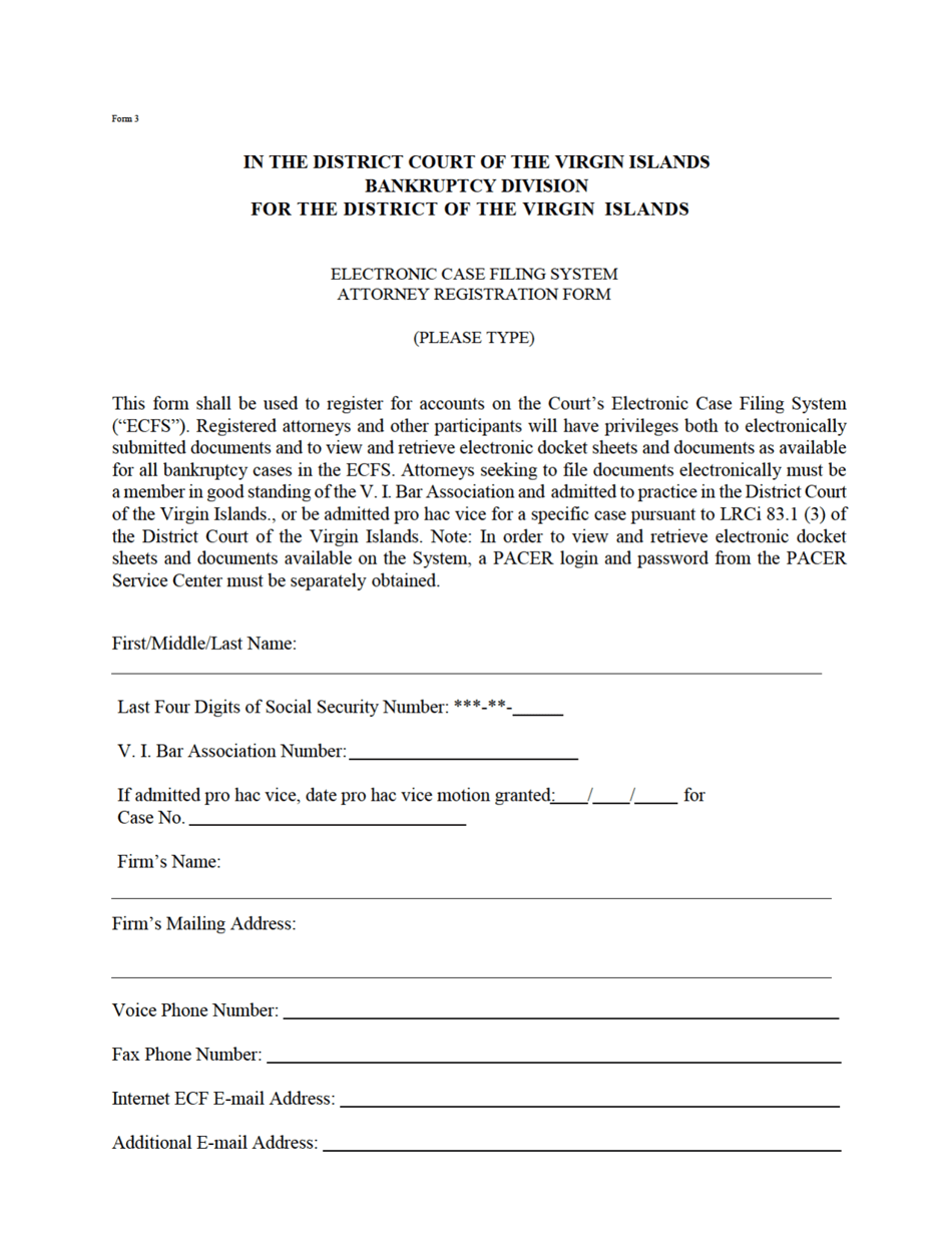 Form 3 Electronic Case Filing System Attorney Registration Form - Virgin Islands, Page 1