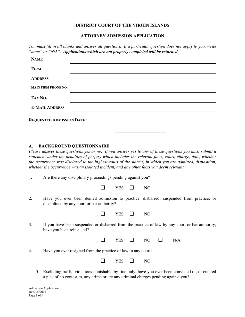 Attorney Admission Application - Virgin Islands, Page 1