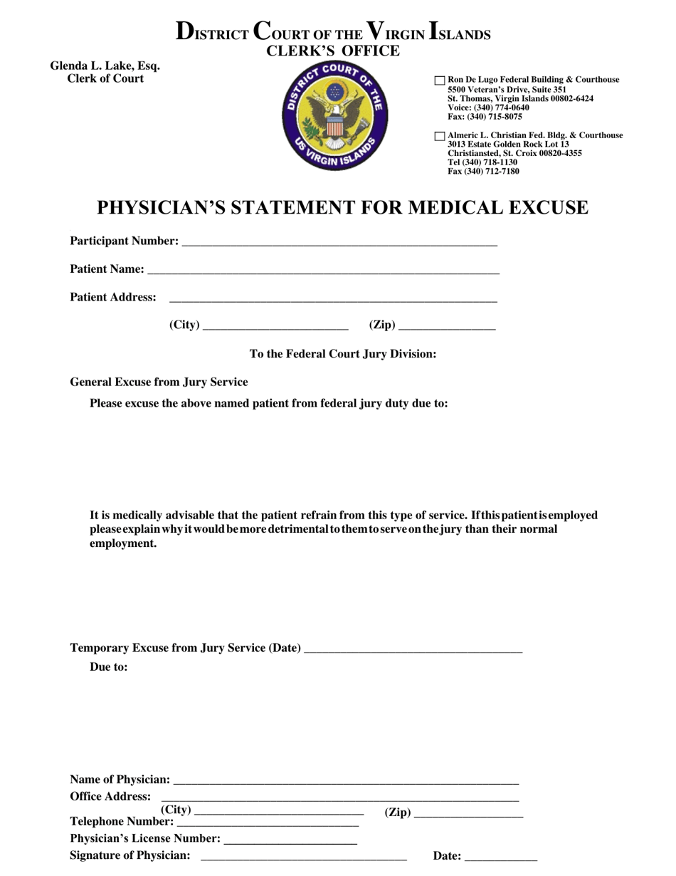 Physicians Statement for Medical Excuse - Virgin Islands, Page 1