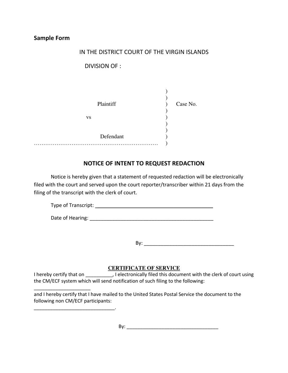 Notice of Intent to Request Redaction - Virgin Islands, Page 1