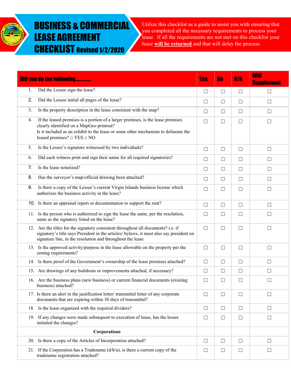 Business  Commercial Lease Agreement Checklist - Virgin Islands, Page 1