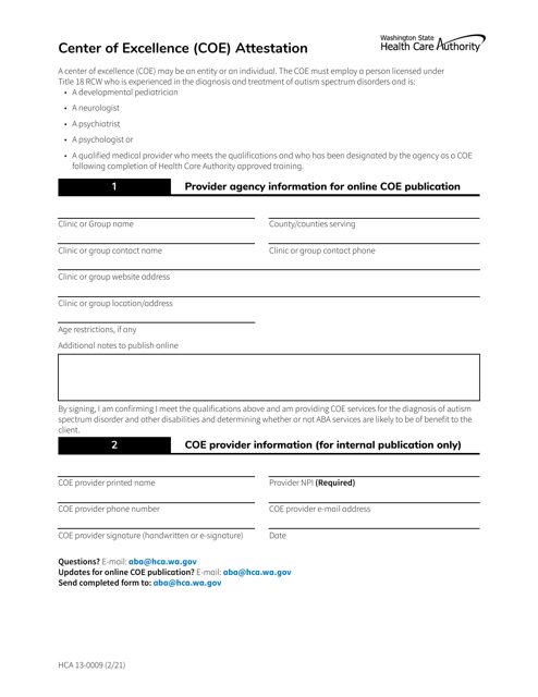 Form HCA13-0009  Printable Pdf