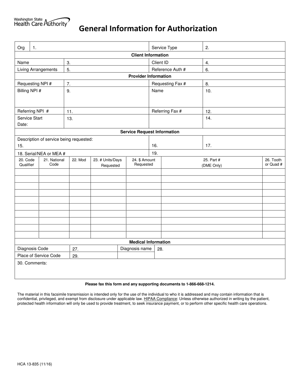 Form HCA13-835 General Information for Authorization - Washington, Page 1