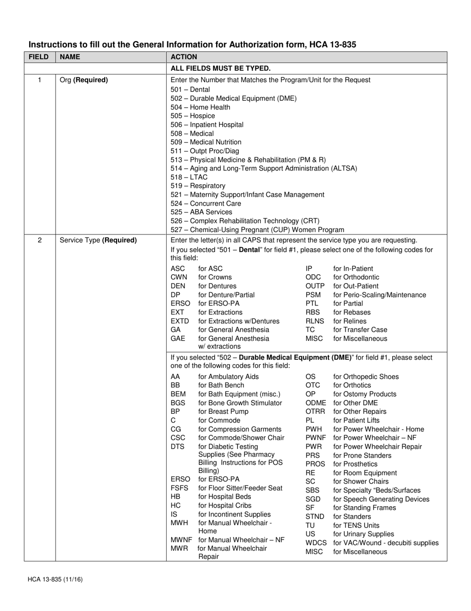 Form HCA13-835 General Information for Authorization - Washington, Page 2