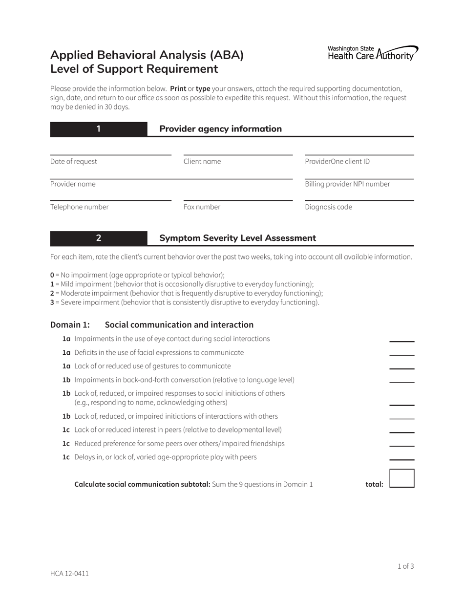 Form HCA12-0411 Applied Behavioral Analysis (Aba) Level of Support Requirement - Washington, Page 1