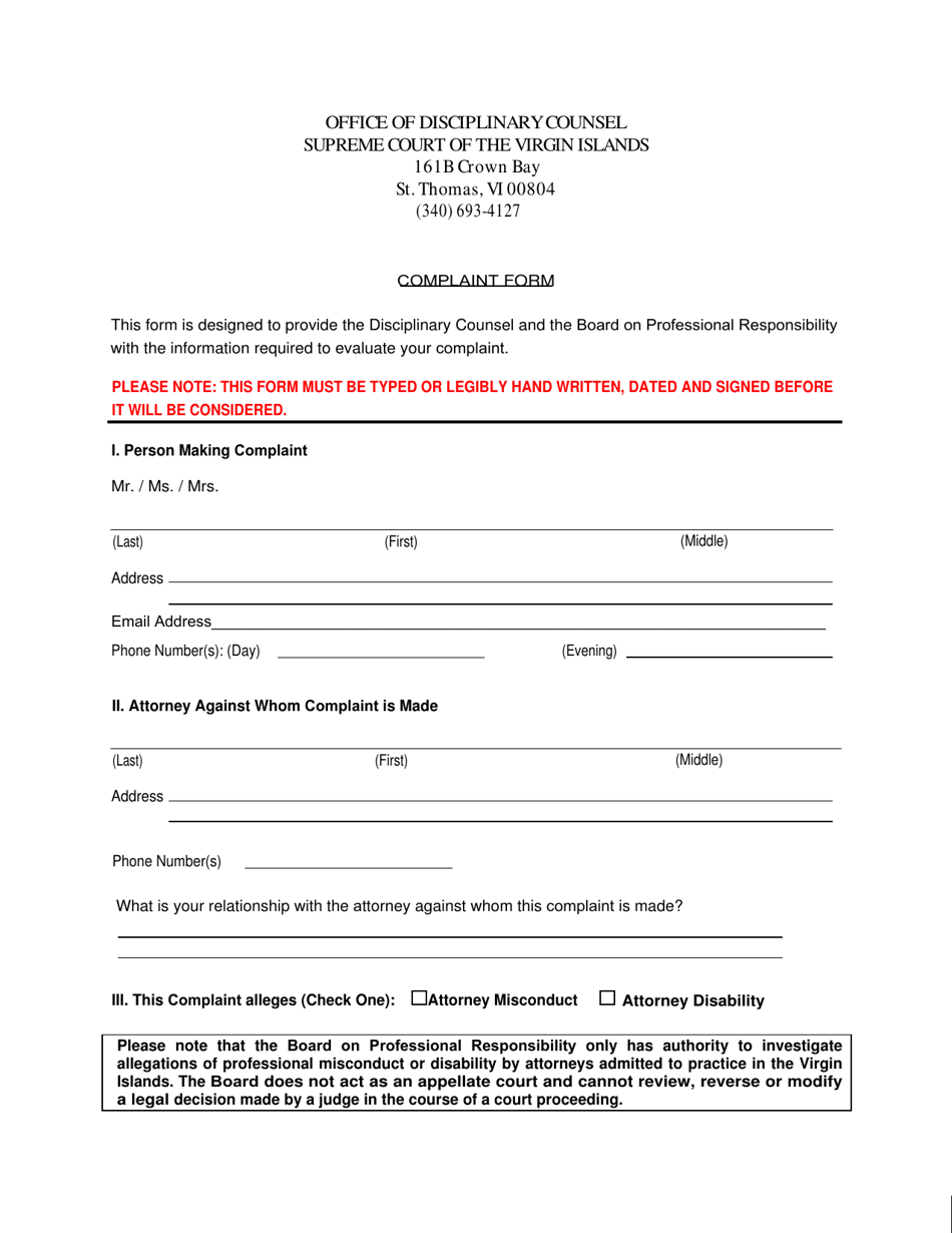 Virgin Islands Office of Disciplinary Counsel Complaint Form Download ...