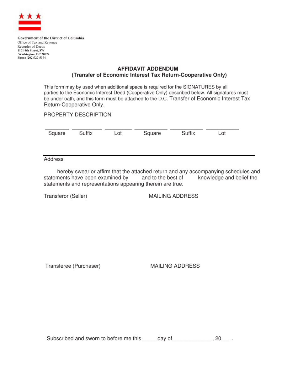 Form ROD36 Affidavit Addendum (Transfer of Economic Interest Tax Return-Cooperative Only) - Washington, D.C., Page 1