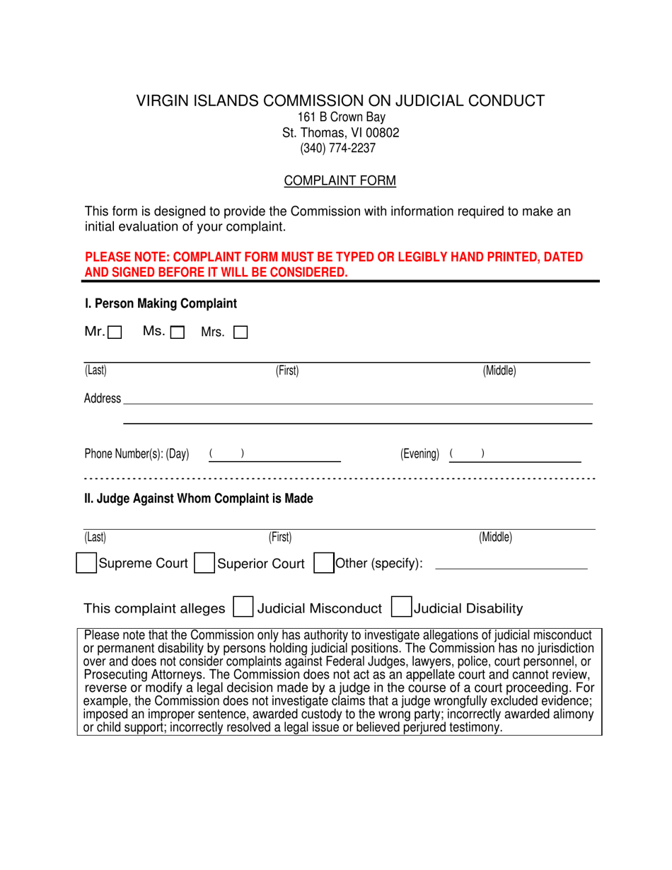 Virgin Islands Commission on Judicial Conduct Complaint Form - Virgin Islands, Page 1