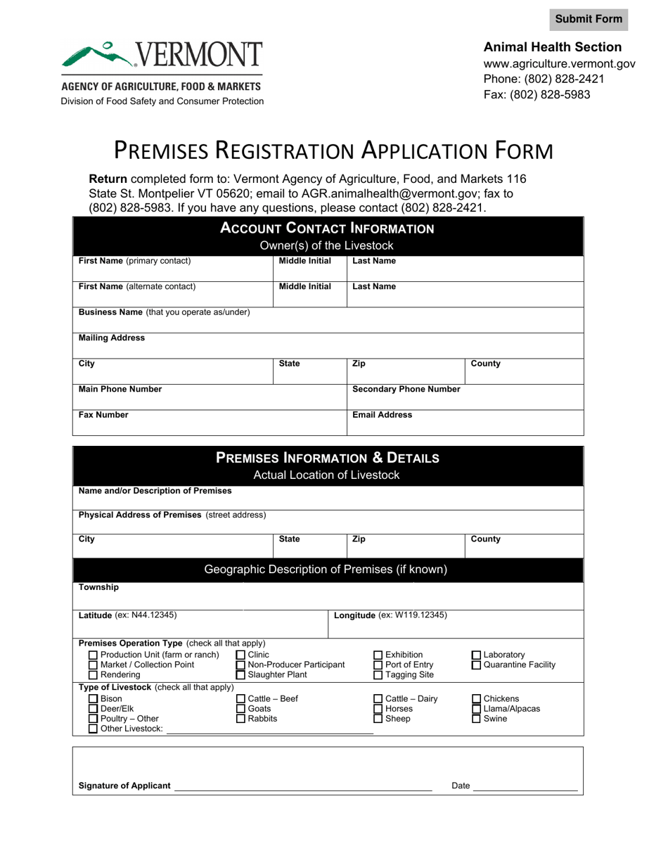 Premises Registration Application Form - Vermont, Page 1