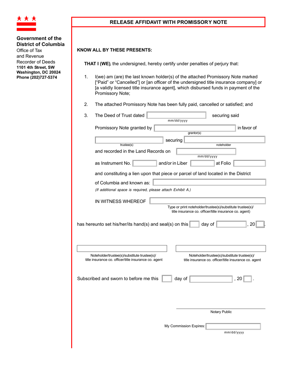 Form ROD28 Release Affidavit With Promissory Note - Washington, D.C., Page 1