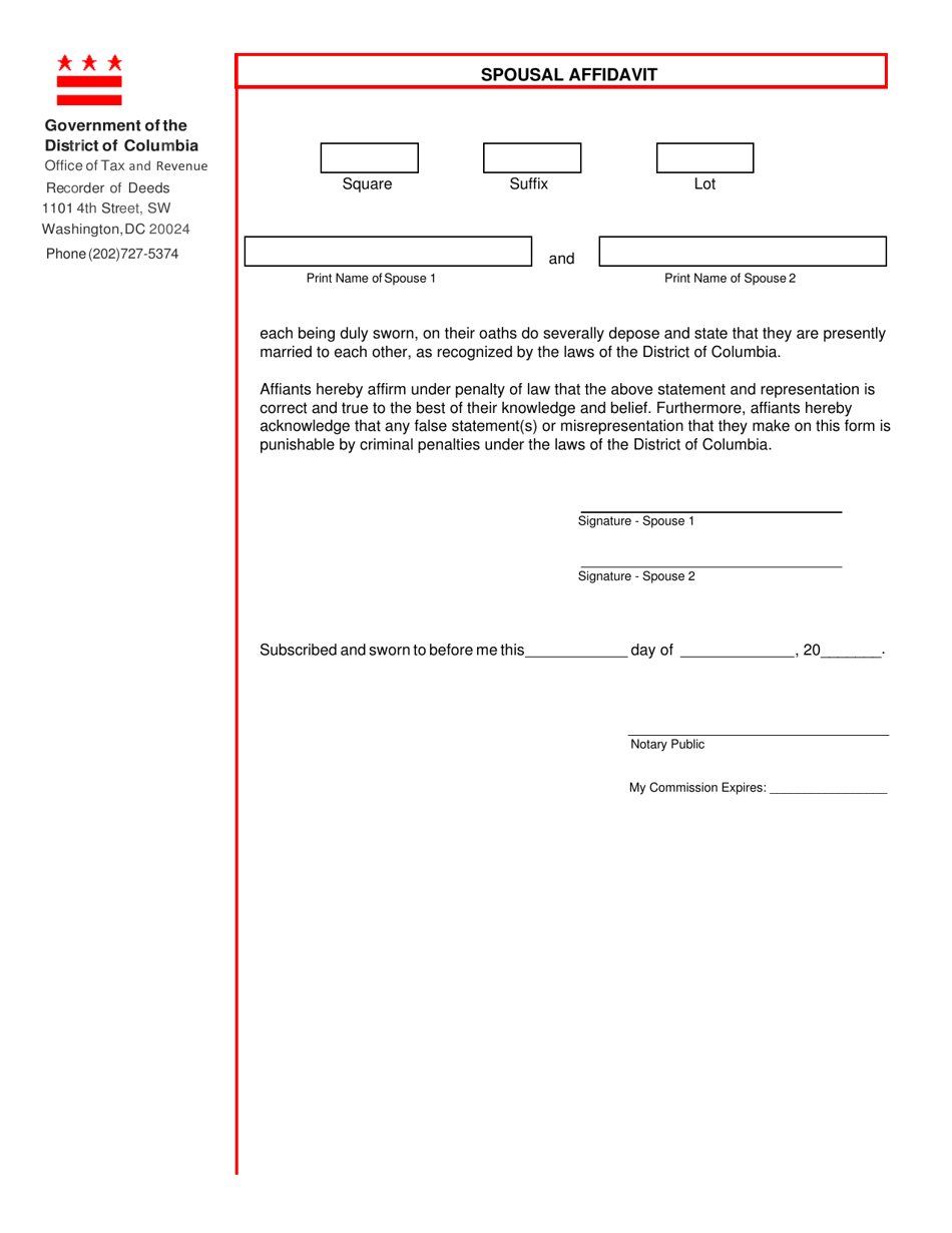 Form ROD20 Spousal Affidavit - Washington, D.C., Page 1